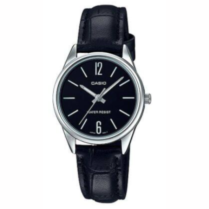 Casio LTP-V005L-1B Quartz Black Dial Stainless Steel Case Black Leather Strap Women's Watch 